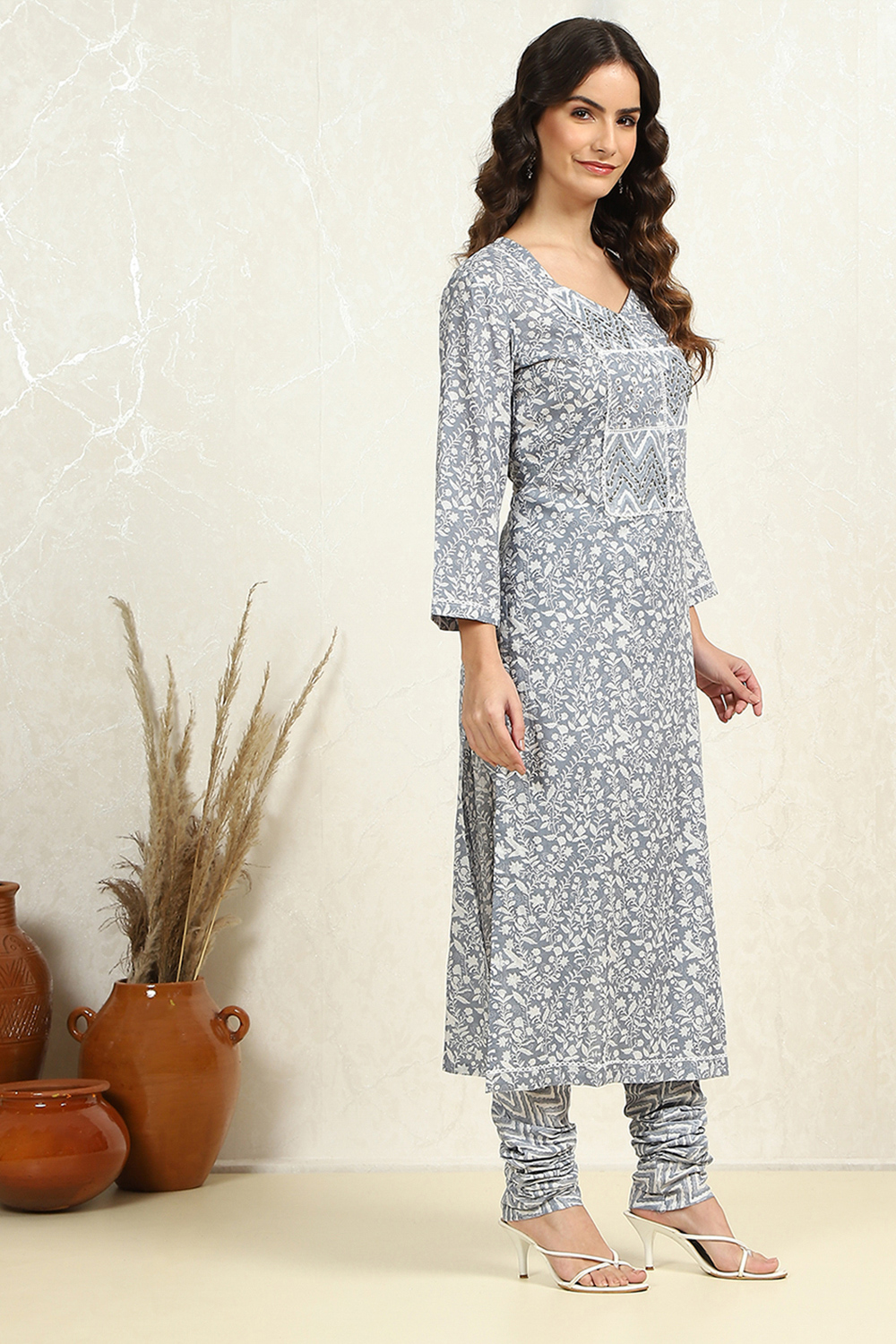 Grey Cotton Floral Printed Unstitched Suit Set image number 3