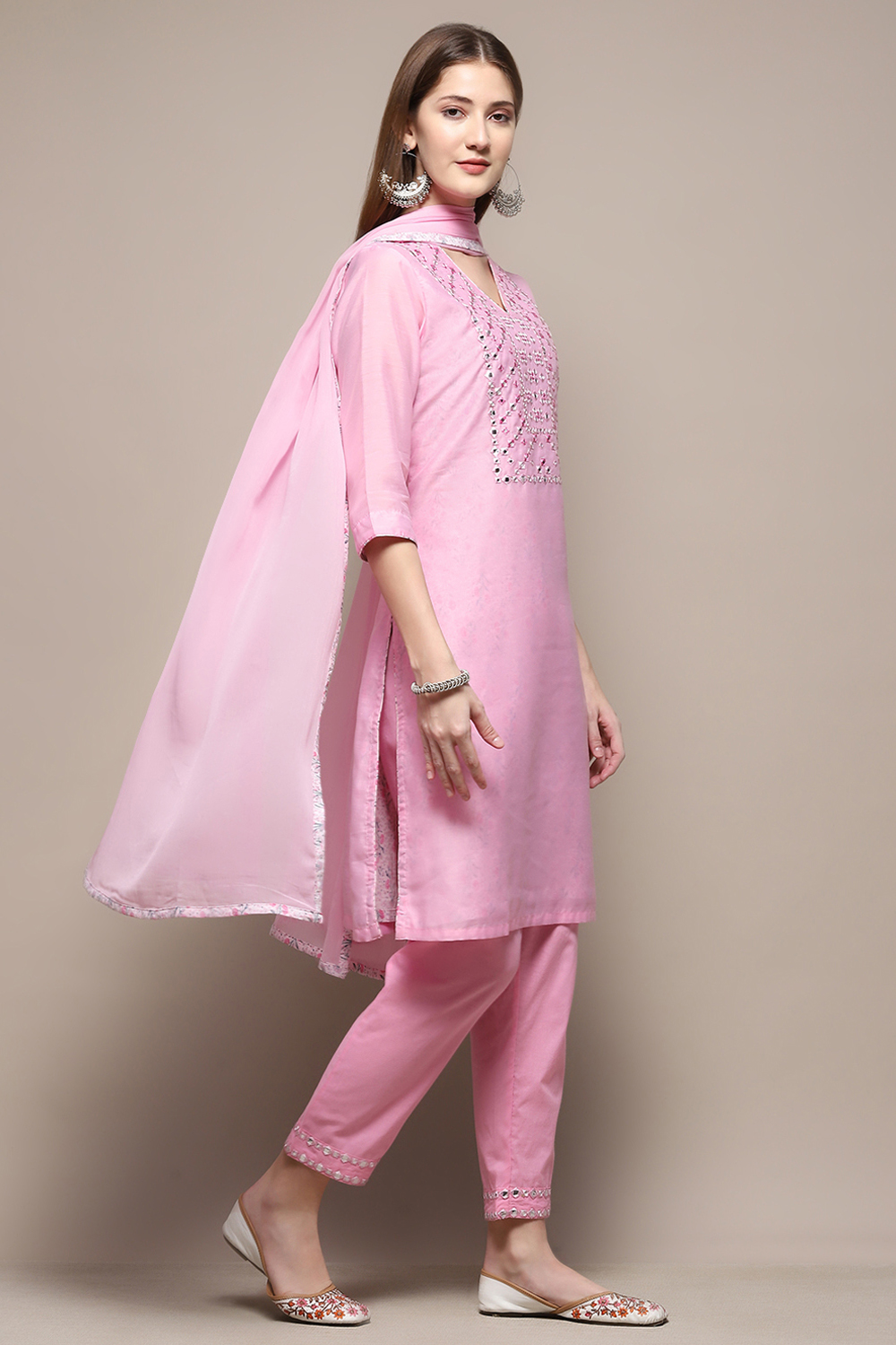 Light Pink Art Silk Straight Kurta Pant Suit Set image number 6