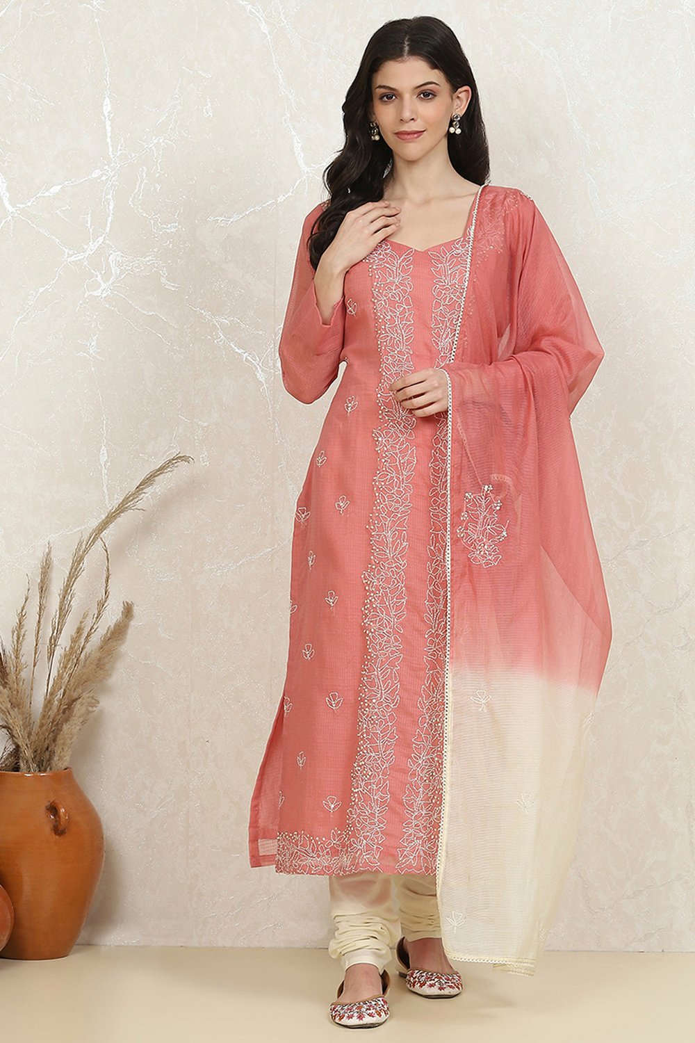 Peach Cotton Hand Embroidered Unstitched Suit Set image number 7