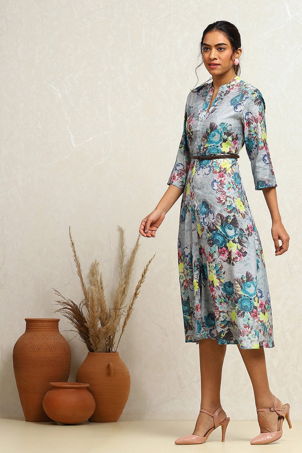 Purple Floral Block Printed A-line Dress image number 2