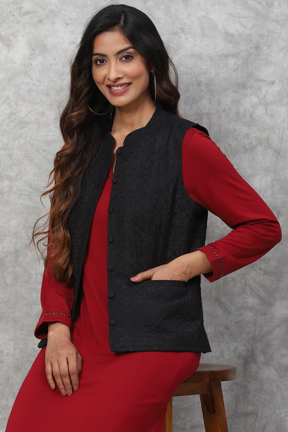 Black Straight Art Silk Embroidered Jacket image number 2