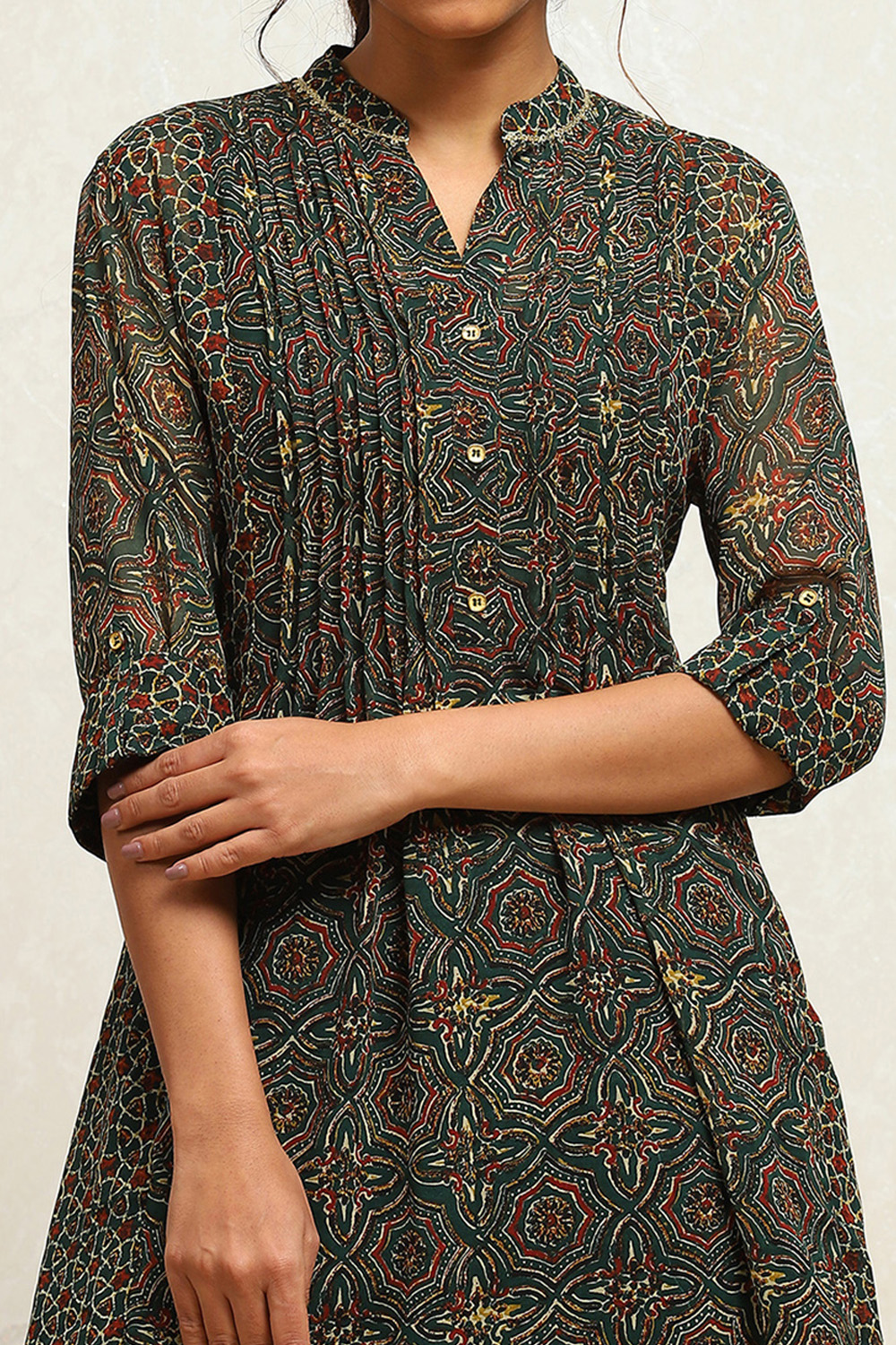 Mustard and Maroon Georgette Printed A-Line Kurta image number 1