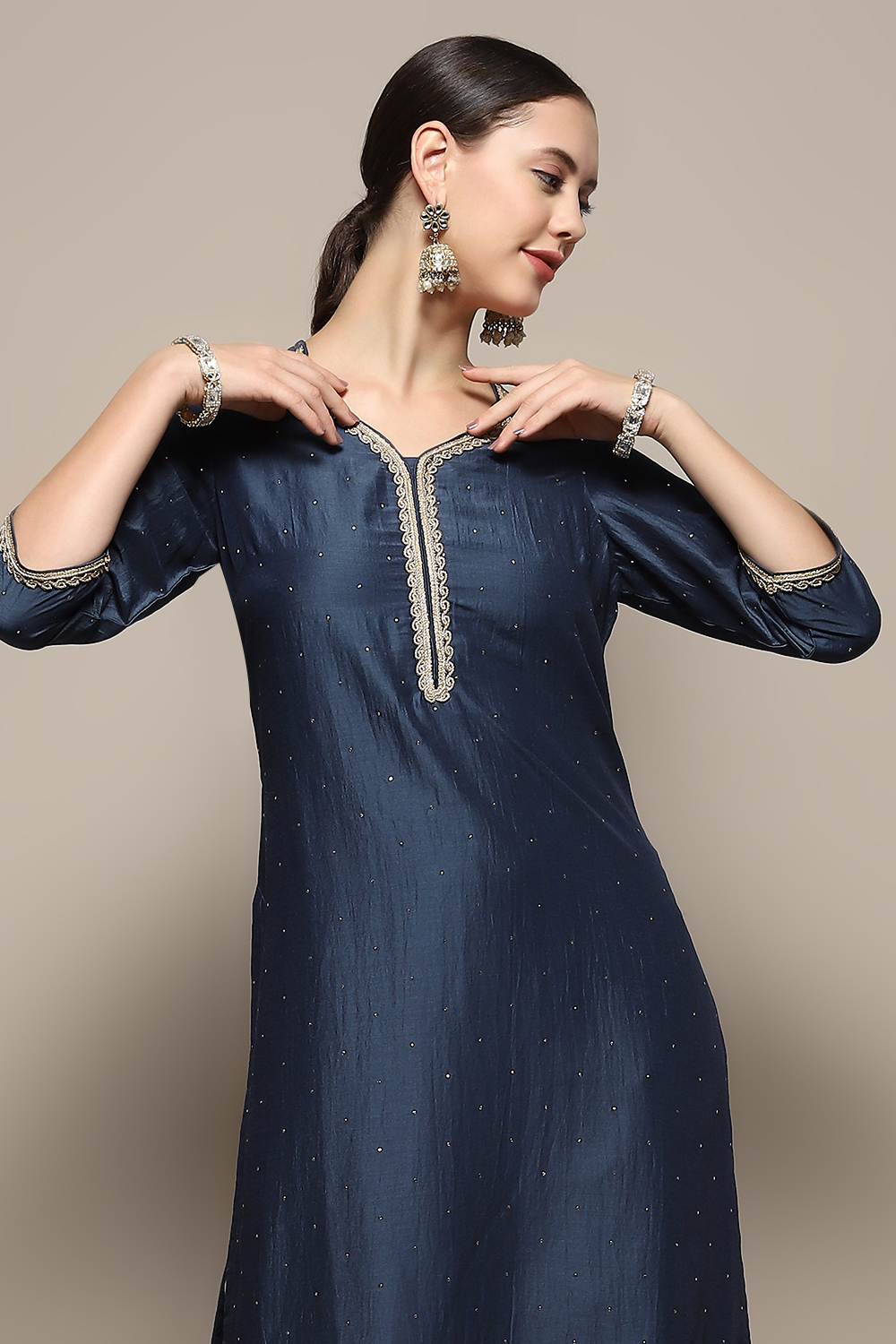 Beige Embellished Festive Straight Kurta image number 1