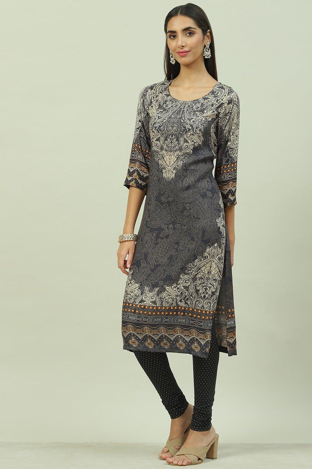 Black LIVA A-Line Printed Kurta image number 2