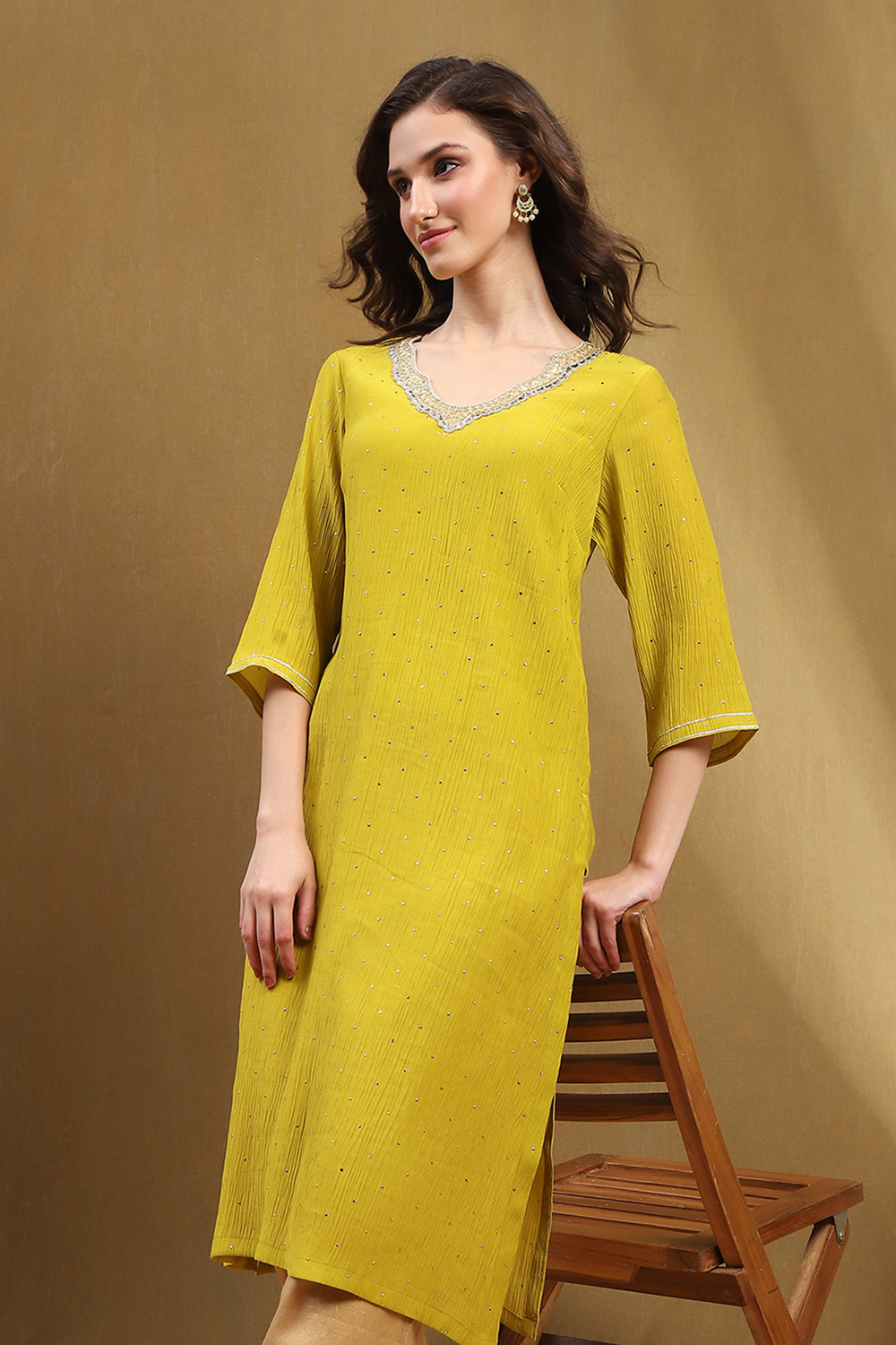 Mustard Yellow Viscose Blend Straight Festive Kurta image number 7