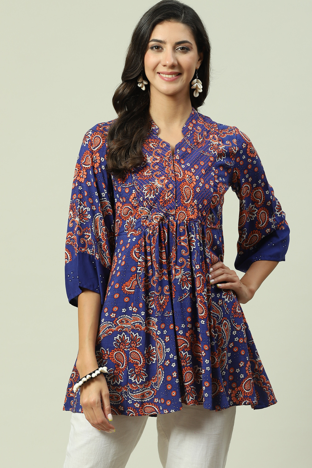 Blue Rayon Flared Printed Kurti at Biba India