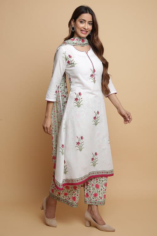 White Cotton A Line Kurta Palazzo Suit Set