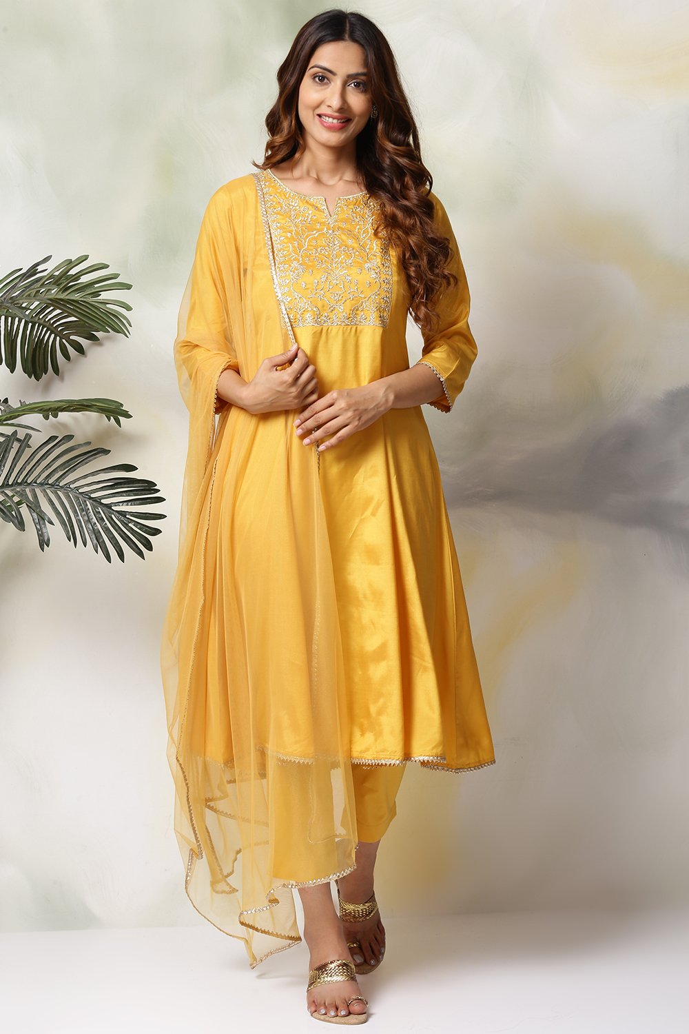 Mustard Viscose Kalidar Kurta Pant Suit Set image number 0