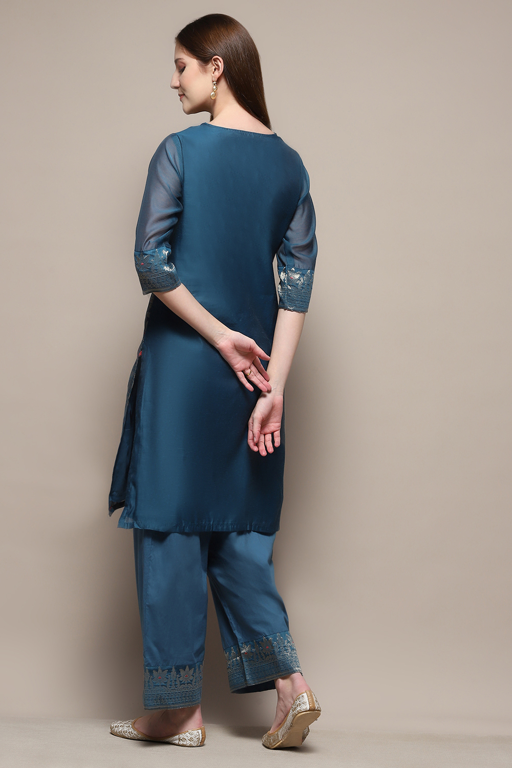 Blue Cotton Blend Straight Kurta Palazzo 2 Piece Set image number 4