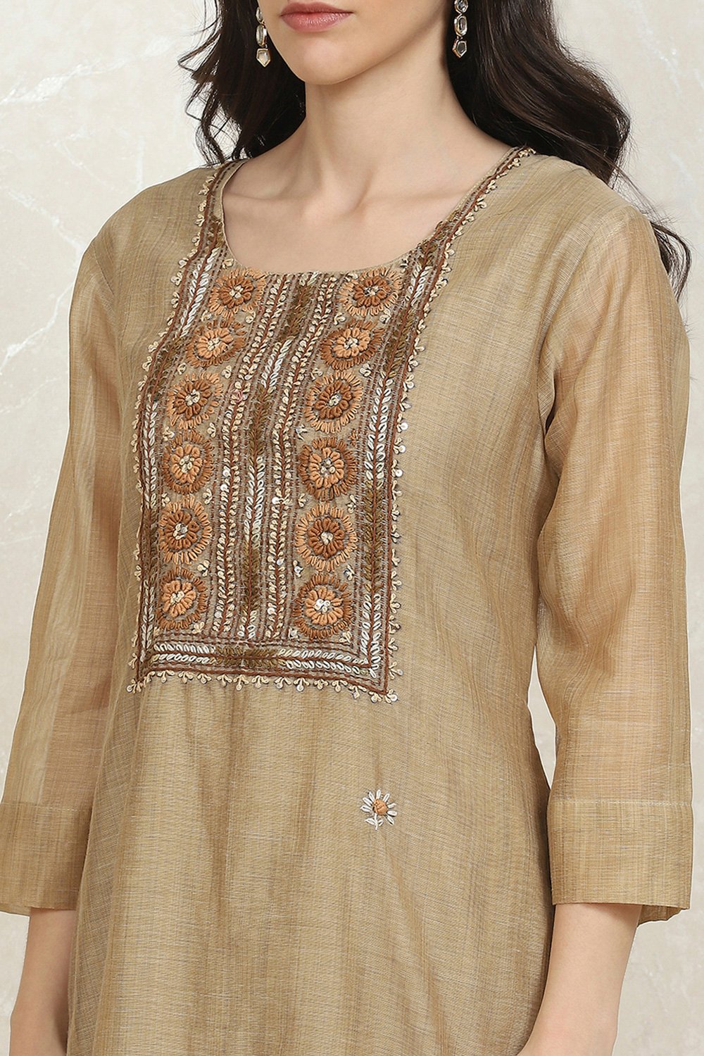 Beige Cotton Hand Embroidered Unstitched Suit Set image number 2