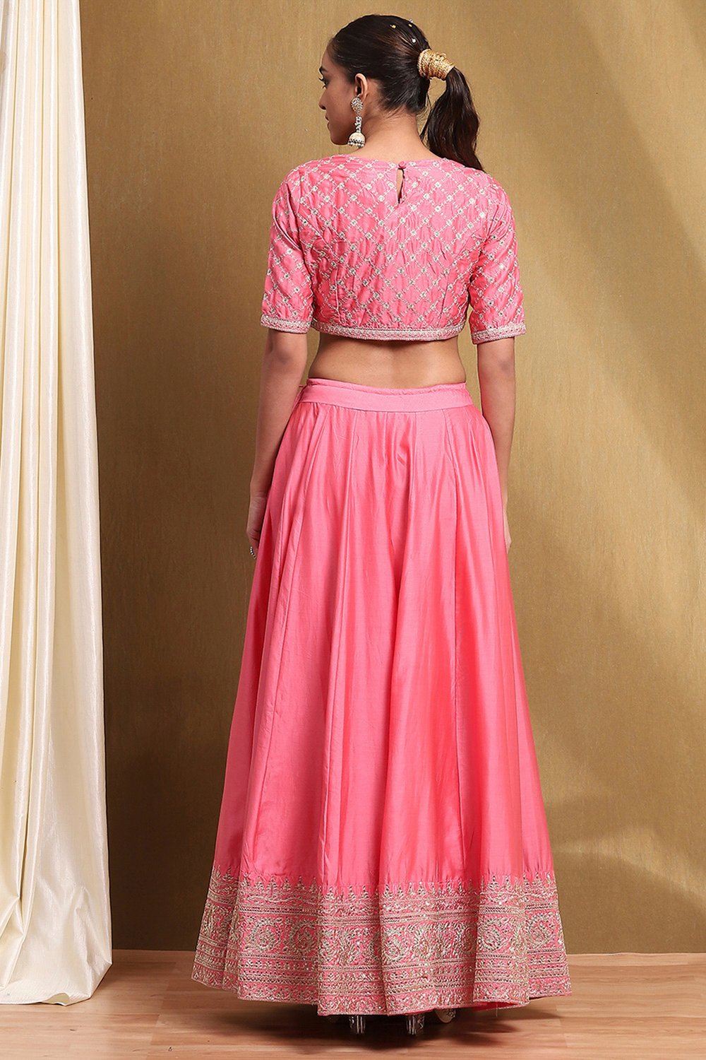 Coral Cotton Blend Straight Lehengas & Skirt Set image number 4