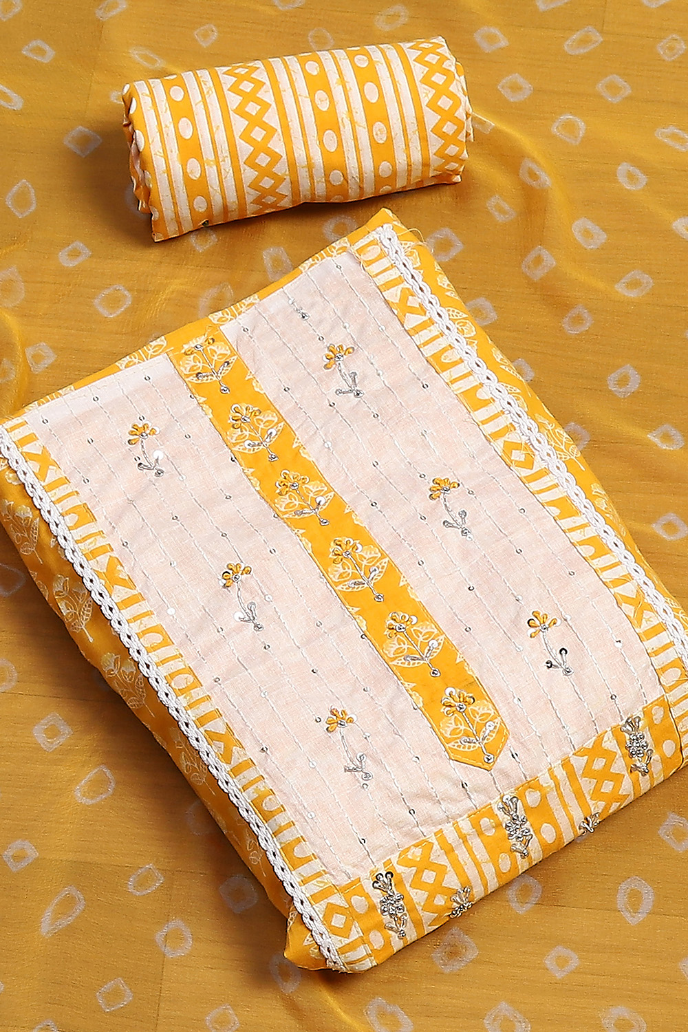 Yellow Cotton Hand Block Embroider Unstitched Suit Set image number 0