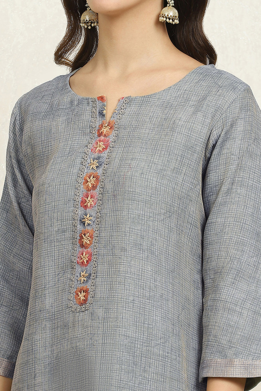 Grey Linen Blend Printed  Embroidered Unstitched Suit Set image number 2