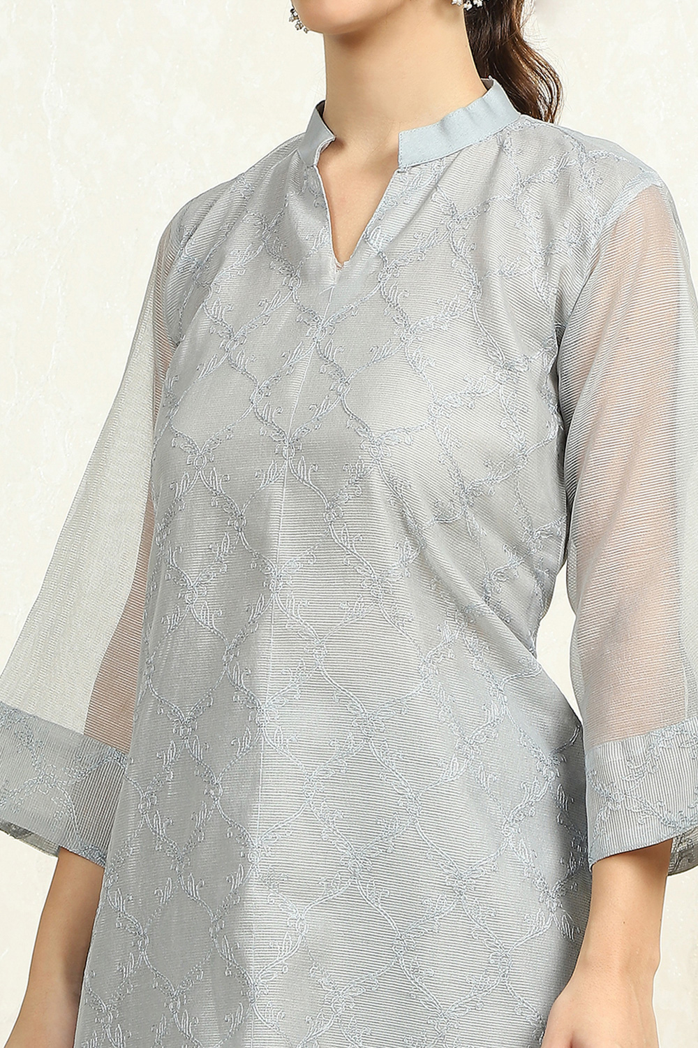 Grey Floral Thread Work Unstitched Suit Set image number 6