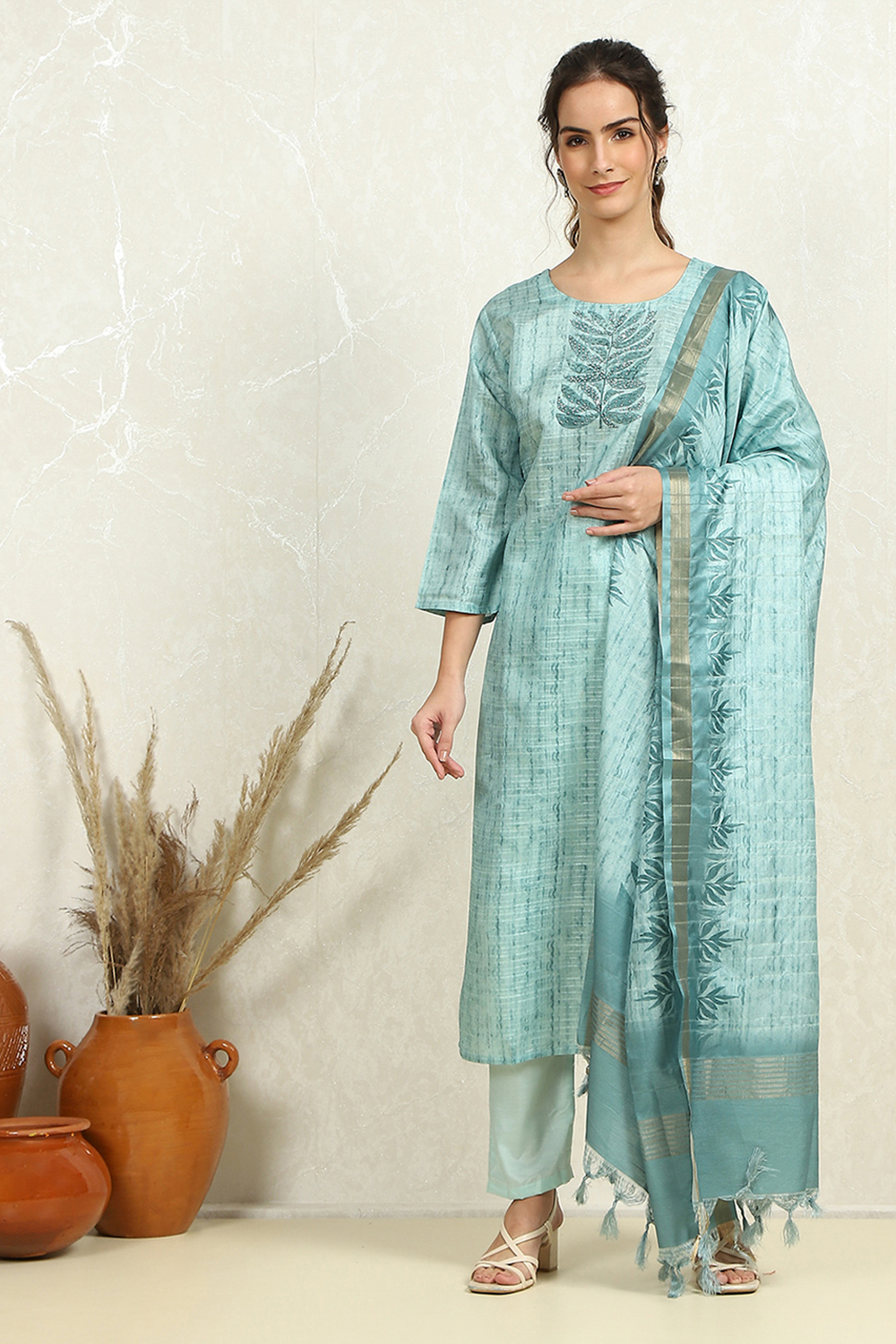 Teal Tussar Printed Unstitched Suit Set image number 1