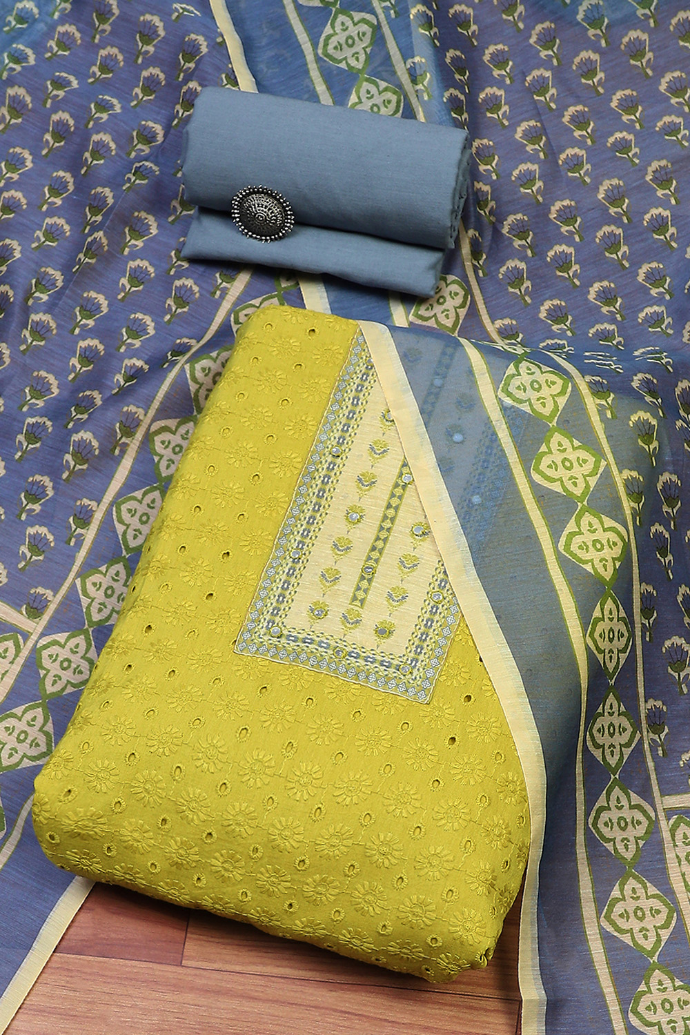 Aqua Cotton Handloom Unstitched Suit Set image number 1