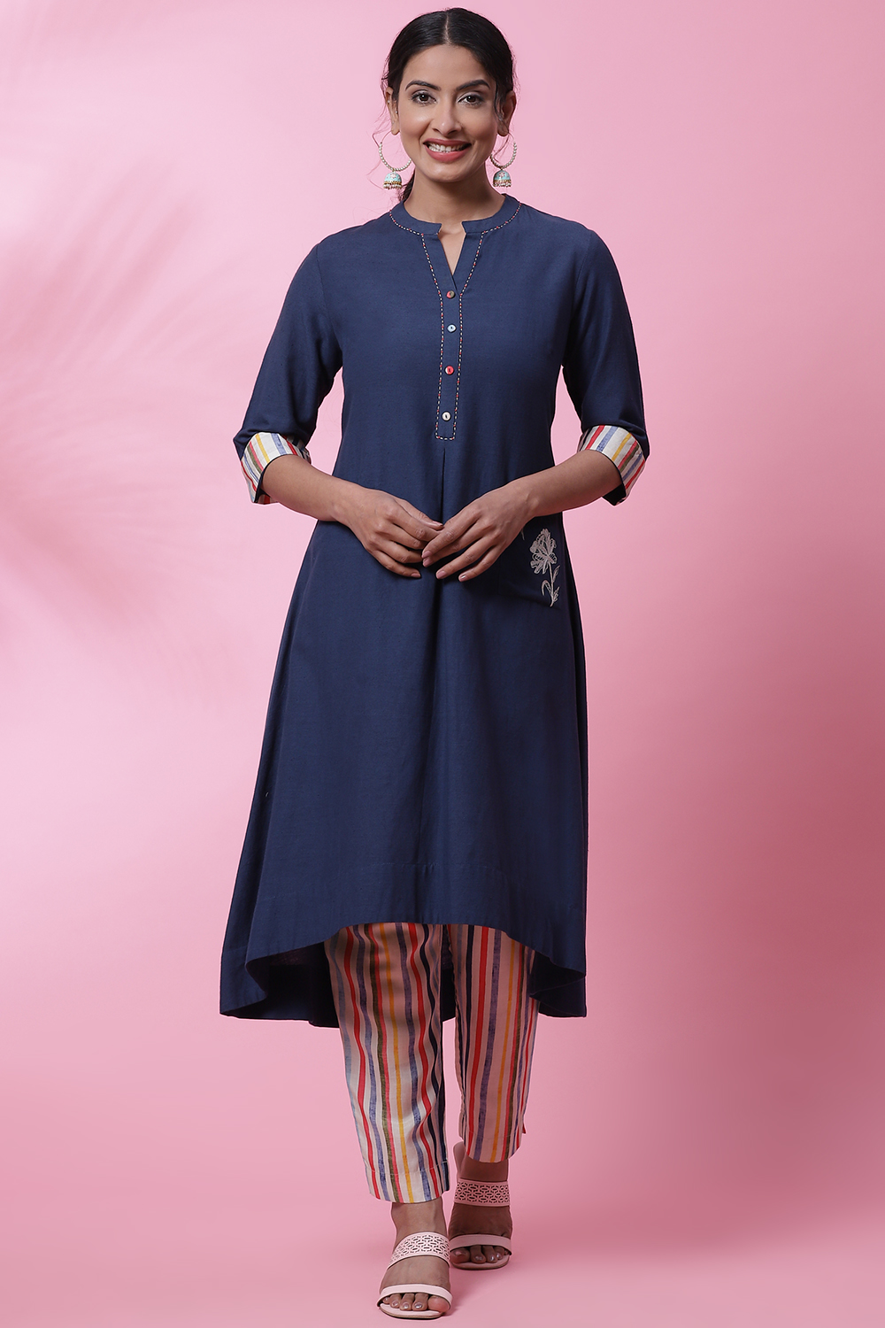 Navy Blue Rayon A-Line Kurta Slim Pant Suit Set image number 0