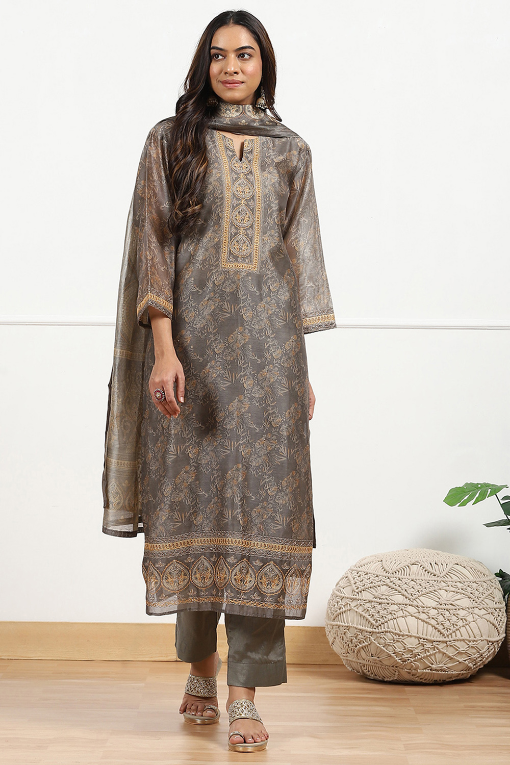 Grey Chanderi Printed Unstitched Suit Set image number 1