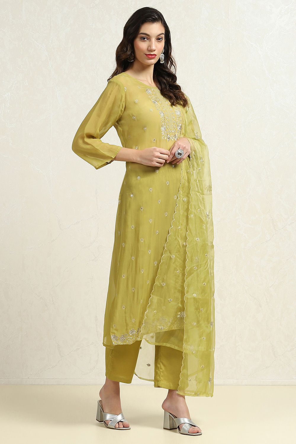 Dull Yellow Organza Machine Embroidered Unstitched Suit Set image number 3