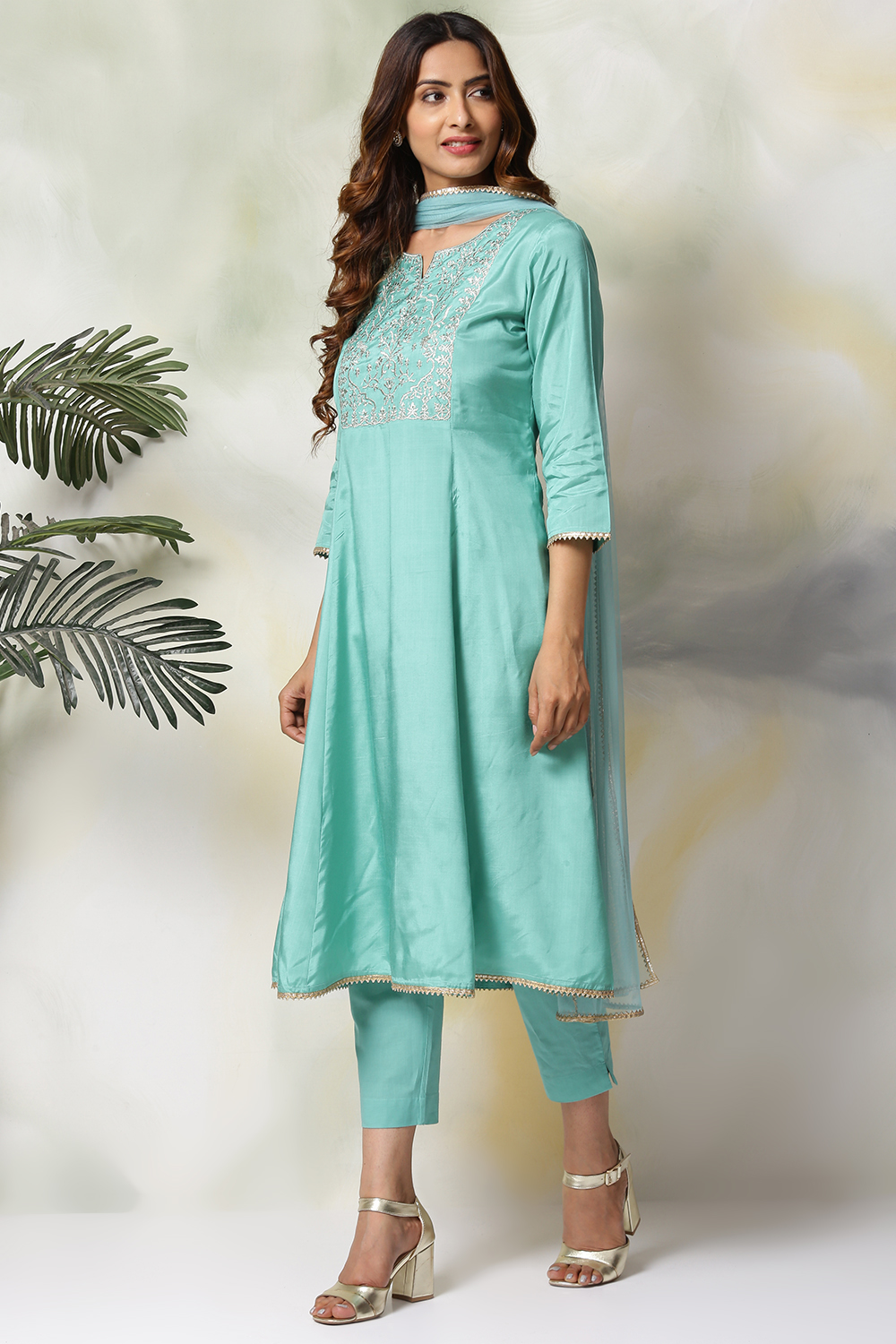 Mustard Viscose Kalidar Kurta Pant Suit Set image number 4