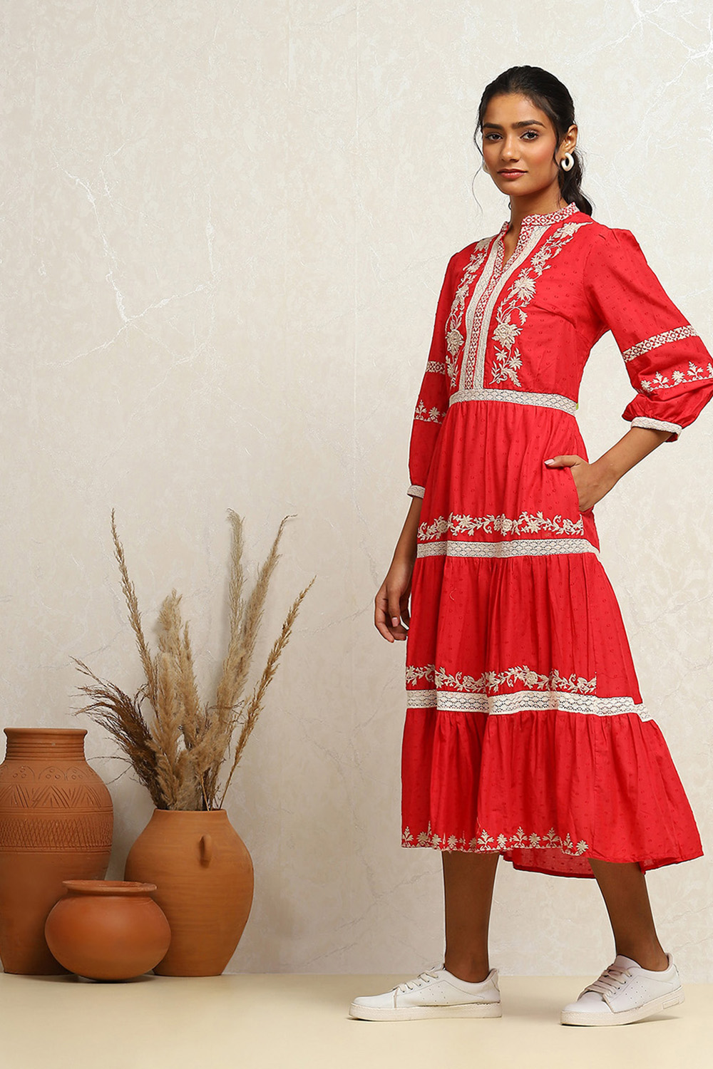 Cherry Red Pure Cotton Embroidered Tiered Dress image number 2