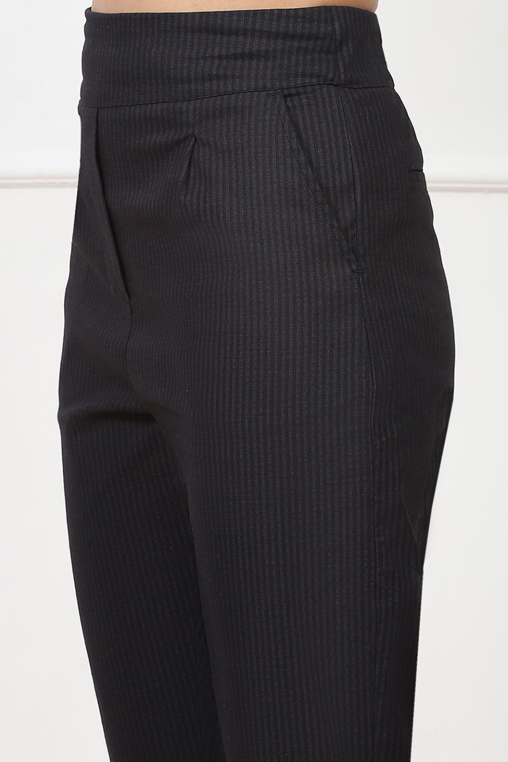 Black Striped Tapered Relaxed Fit Pants image number 1