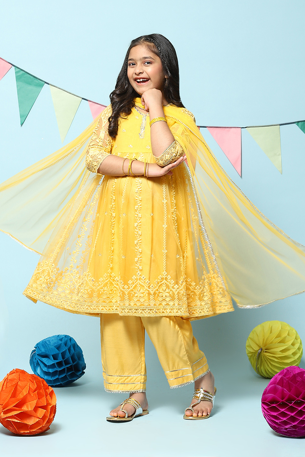 Yellow Nylon Gathered Embroidery Kurta Palazzo Suit Set image number 6