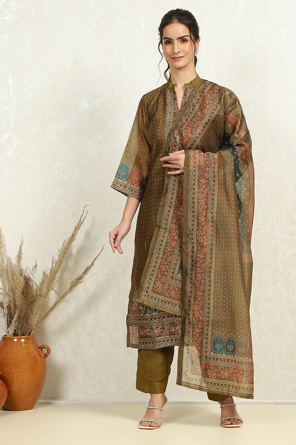 Blue Chanderi Floral Printed Unstitched Suit Set image number 1