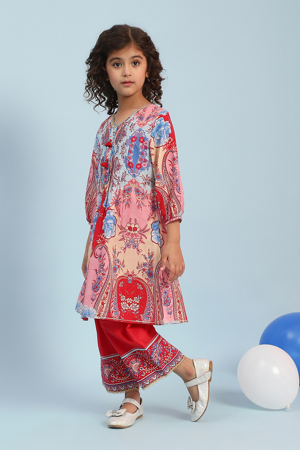 Pink and Blue Cotton Printed A-Line Kurta Set image number 3