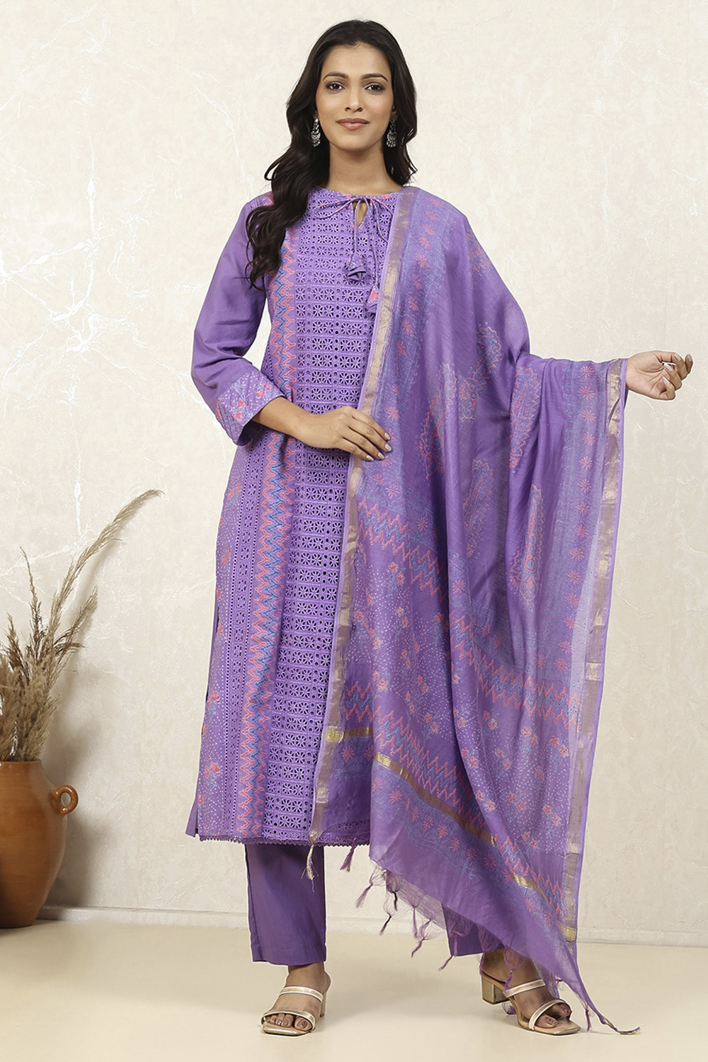 Purple Cotton Schiffly Unstitched Suit Set image number 1