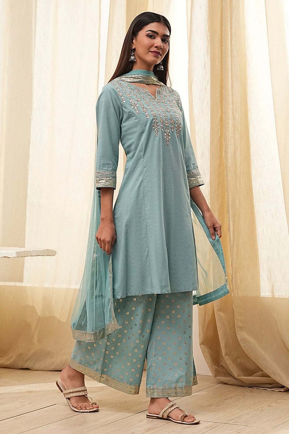 Dull Blue Cotton Kalidar Suit Set image number 5