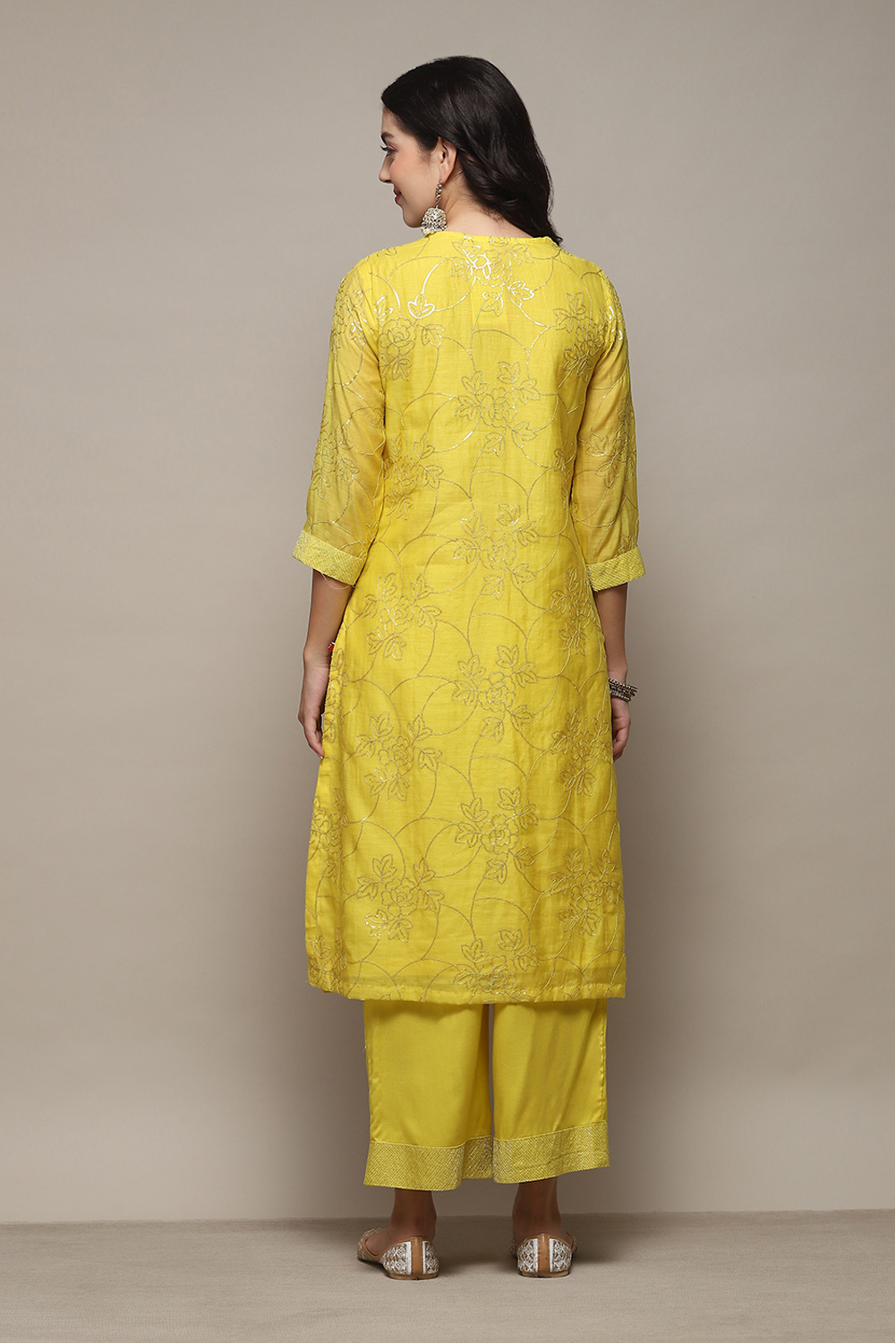 Lime Yellow Cotton Silk Straight Kurta Palazzo Suit Set image number 5