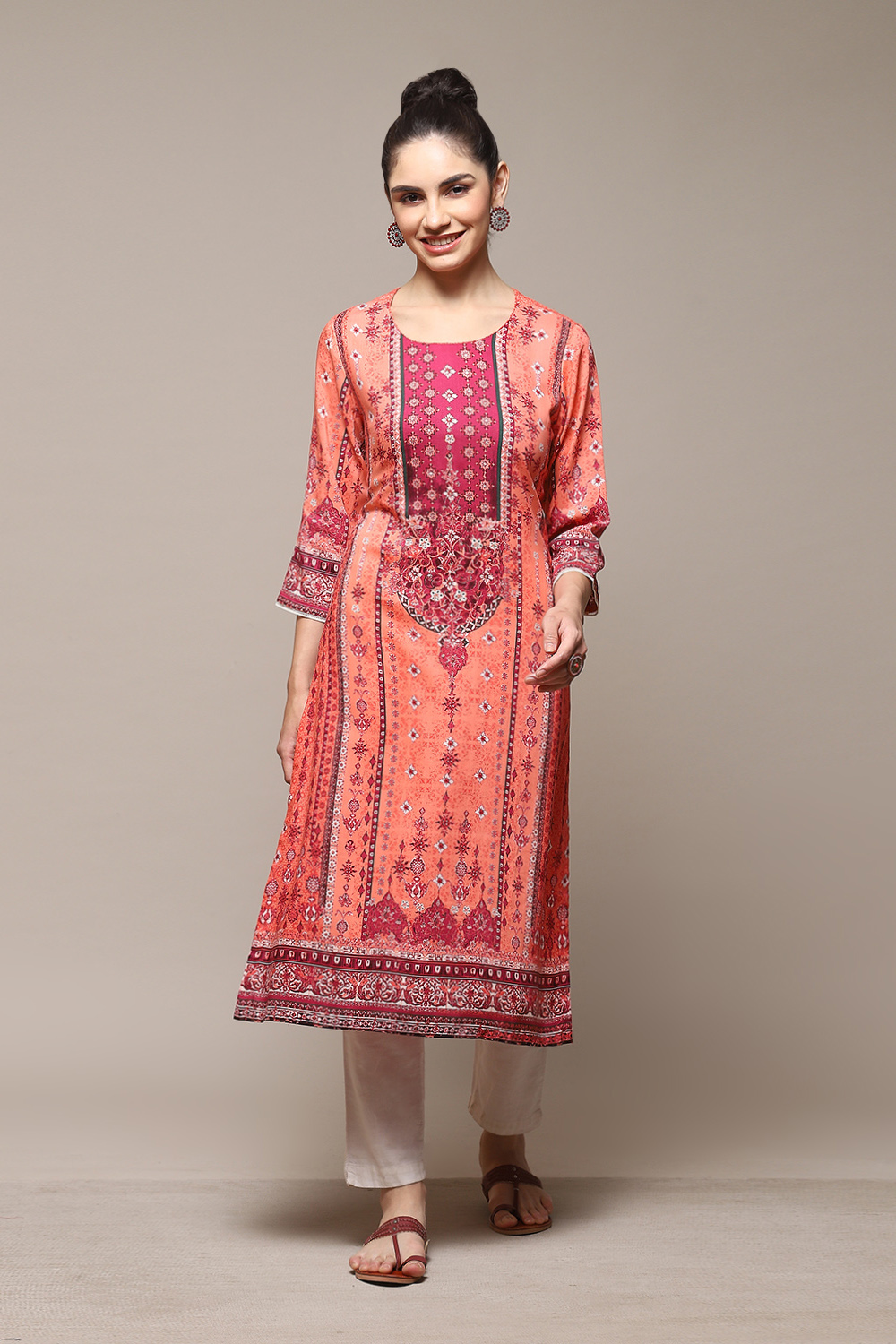 Coral Polyester Straight Printed Kurta image number 0