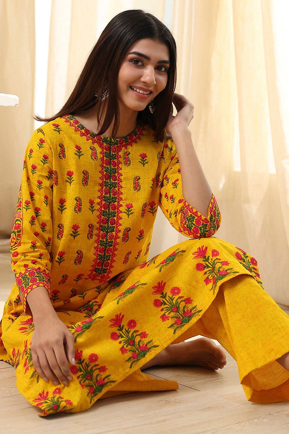 Yellow Pure Cotton Straight Kurta Set image number 0