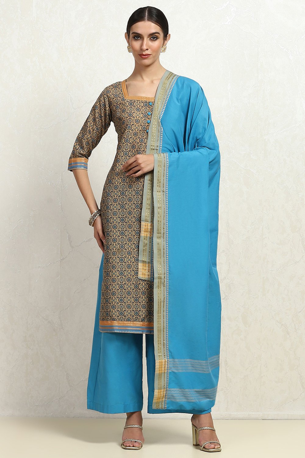 Blue and Beige Cotton Handloom Unstitched Suit Set image number 7