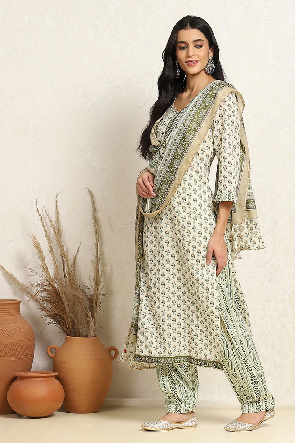 White and Green Cotton Printed Unstitched Suit Set image number 4