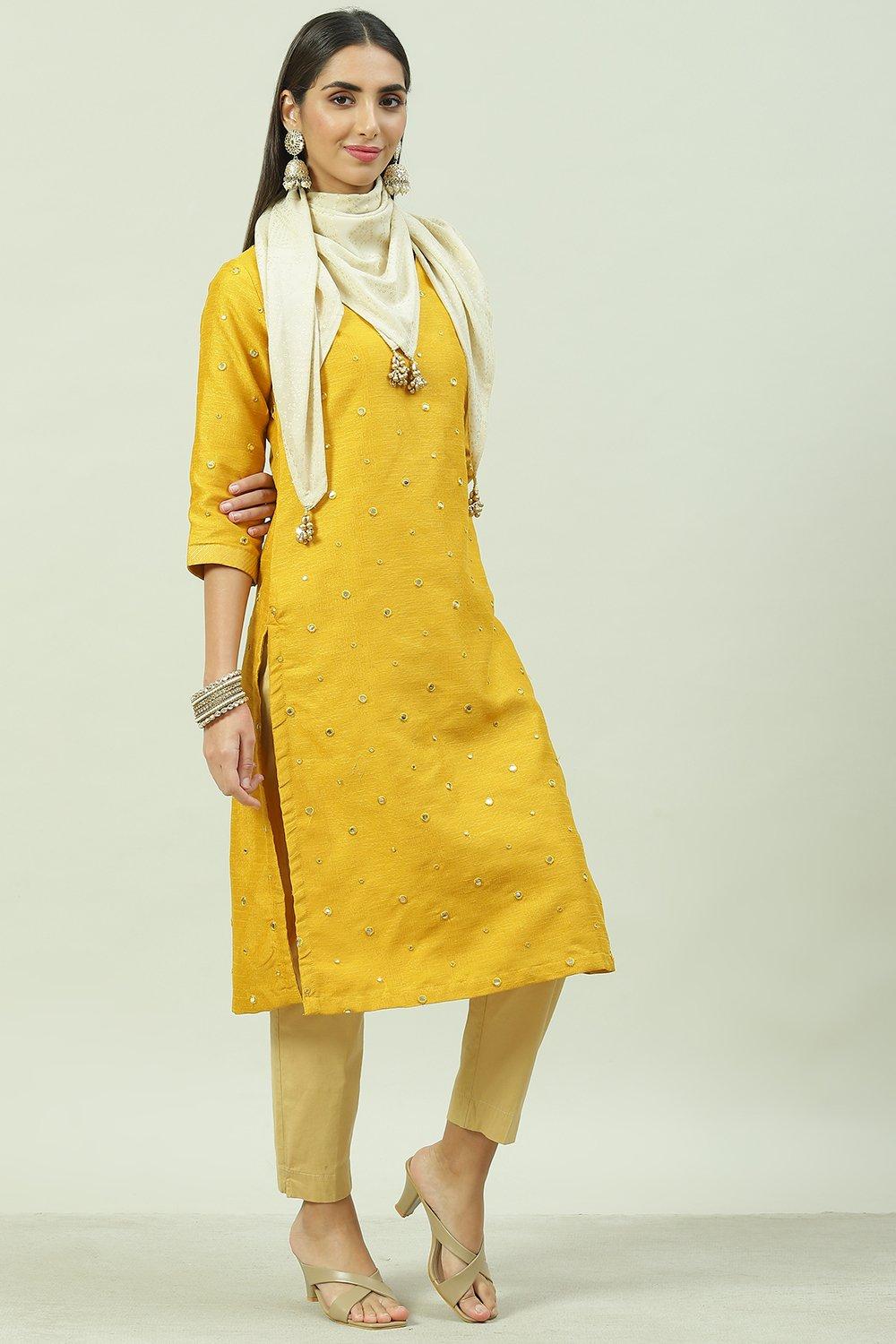 Yellow Art Silk Straight Yarndyed Kurta image number 6