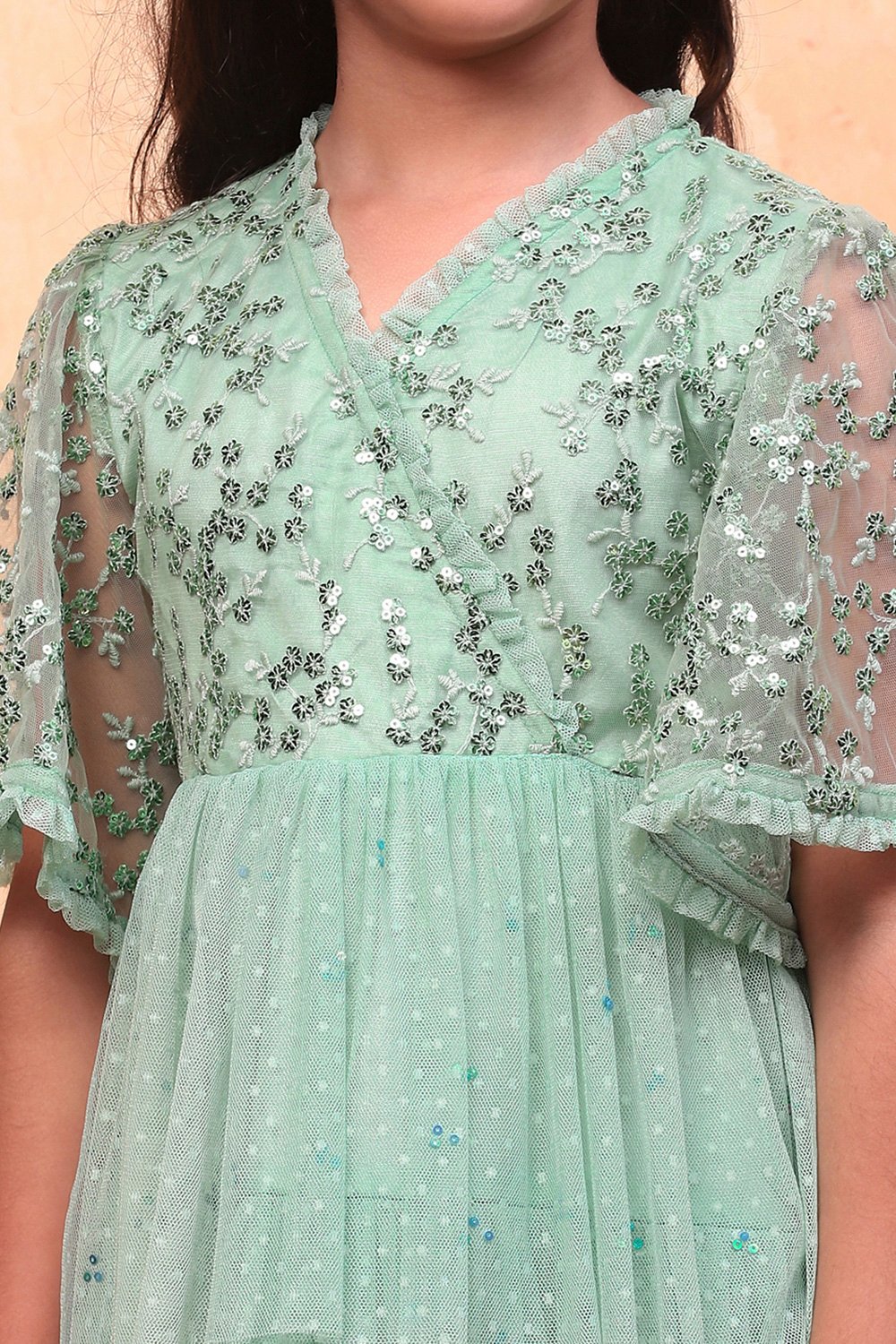 Mint Green Dobby Net Embellished Tiered Flared Dress image number 1