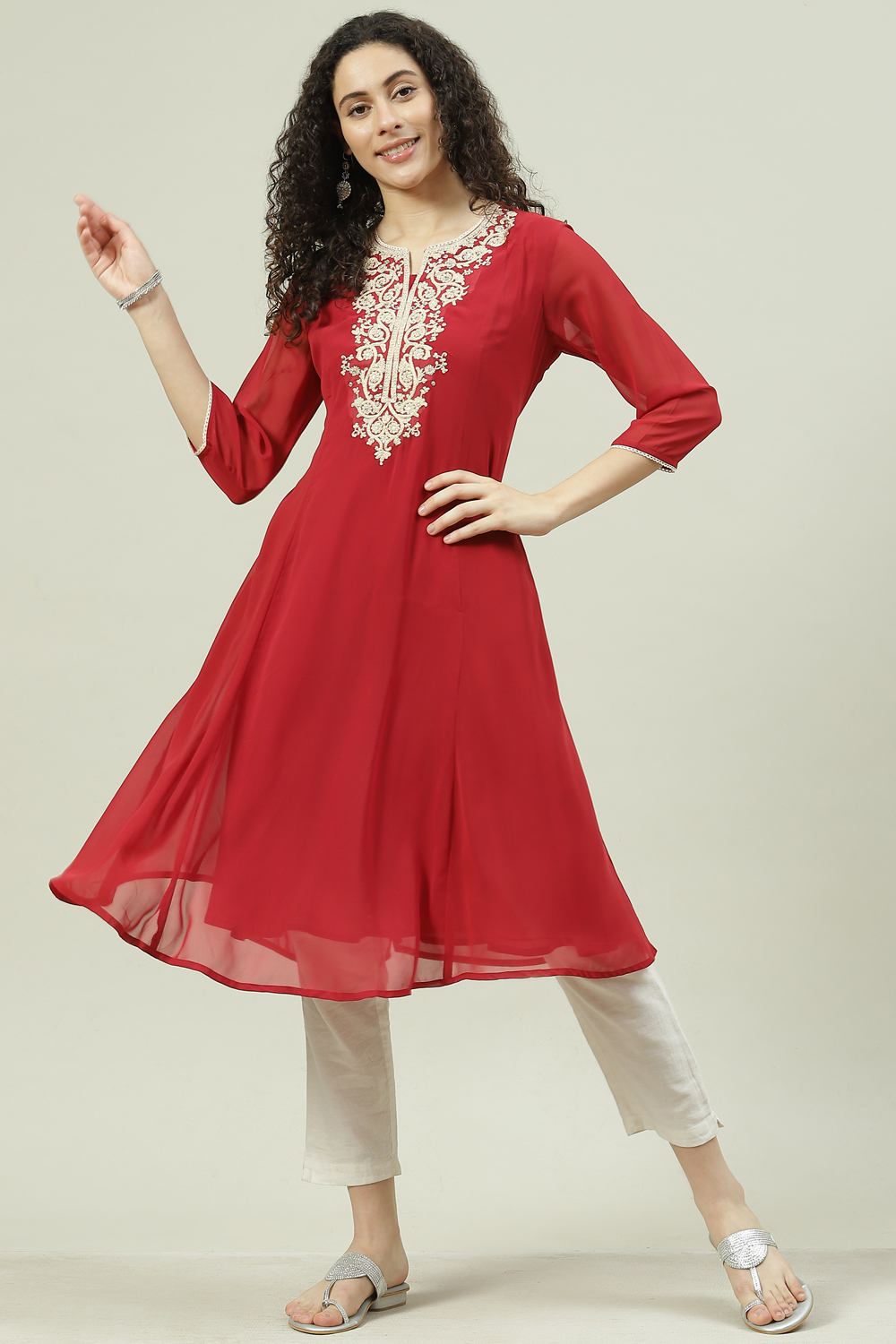 Buy Red Poly Cotton A-Line Kurta () for INR1799.50