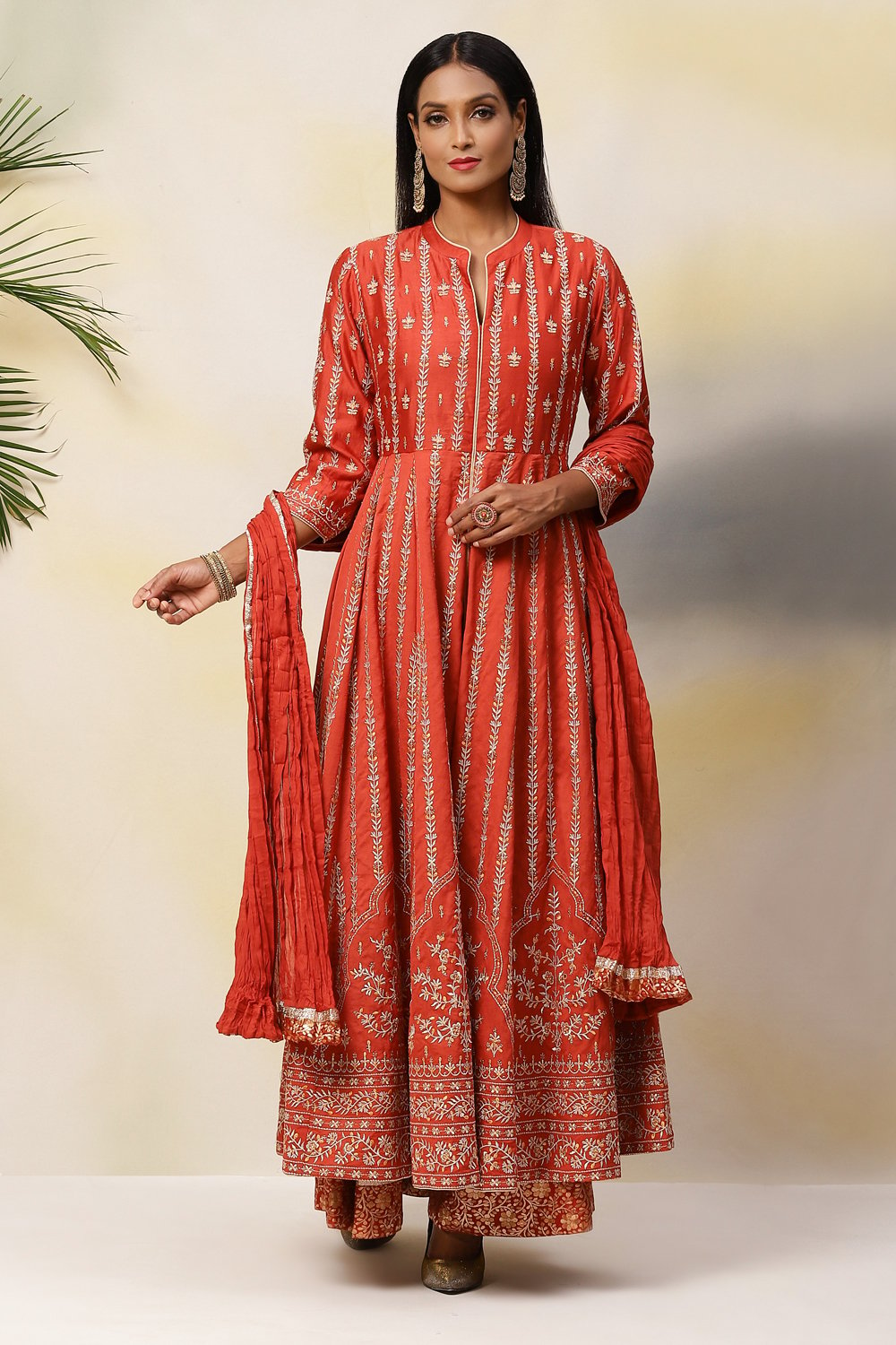 Terracotta Cotton Silk Anarkali Kurta Sharara Suit Set image number 4