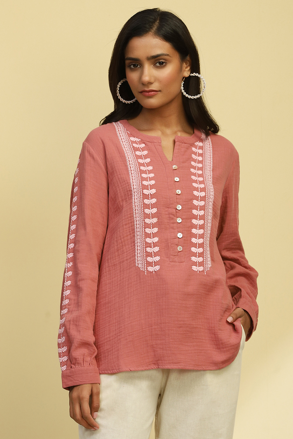 Dusky Pink Cotton Embroidered Straight Top image number 1