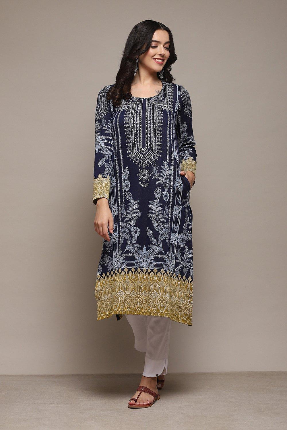 Buy Navy Poly Cotton Straight Yarndyed Kurta (Top) for INR2099.30 ...