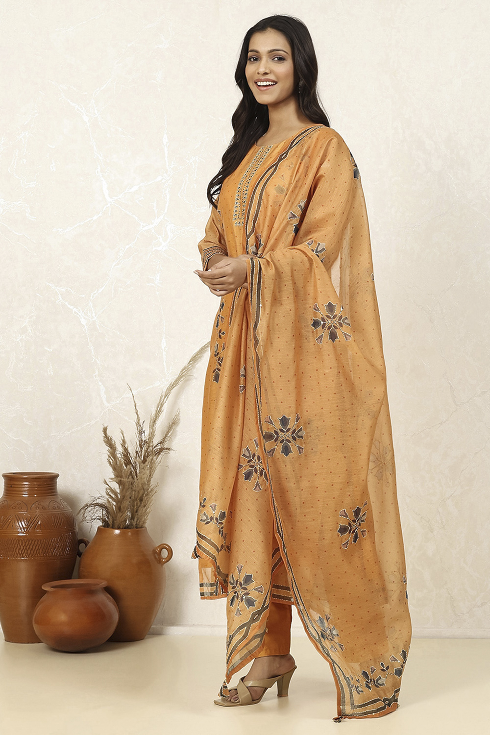 Yellow Chanderi Printed Unstitched Suit Set image number 4