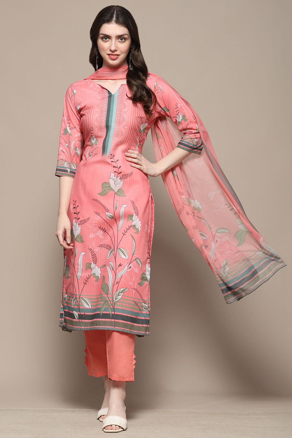 Pink Cotton Blend Floral Digital Print Unstitched Suit Set image number 8