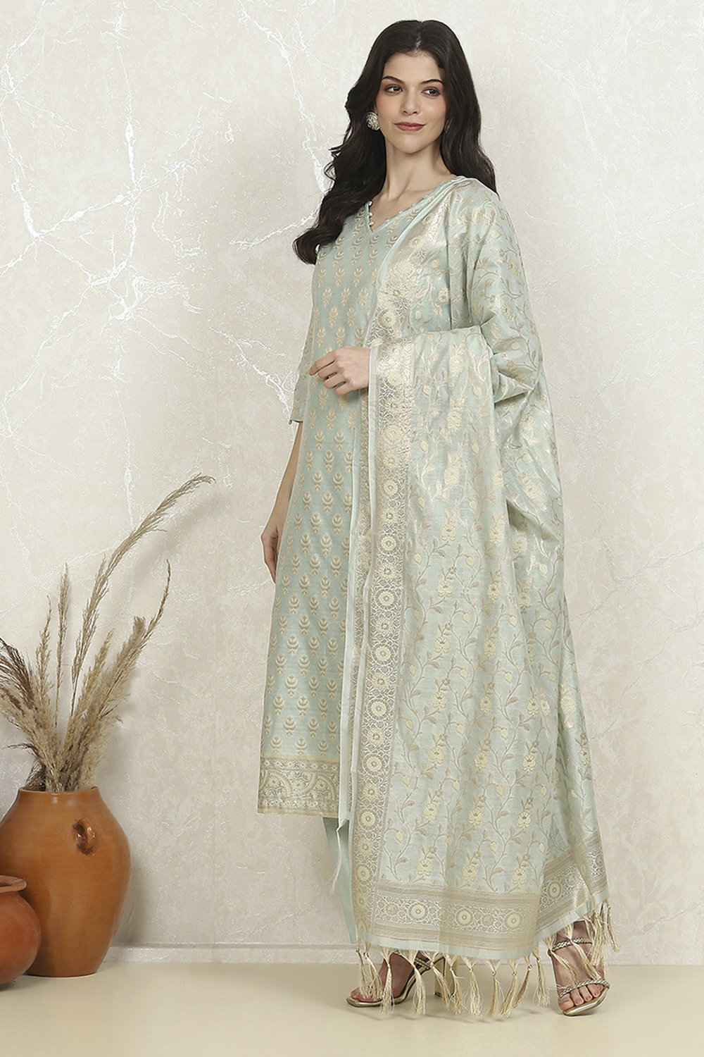 Peach Art Silk Woven Unstitched Suit Set image number 4