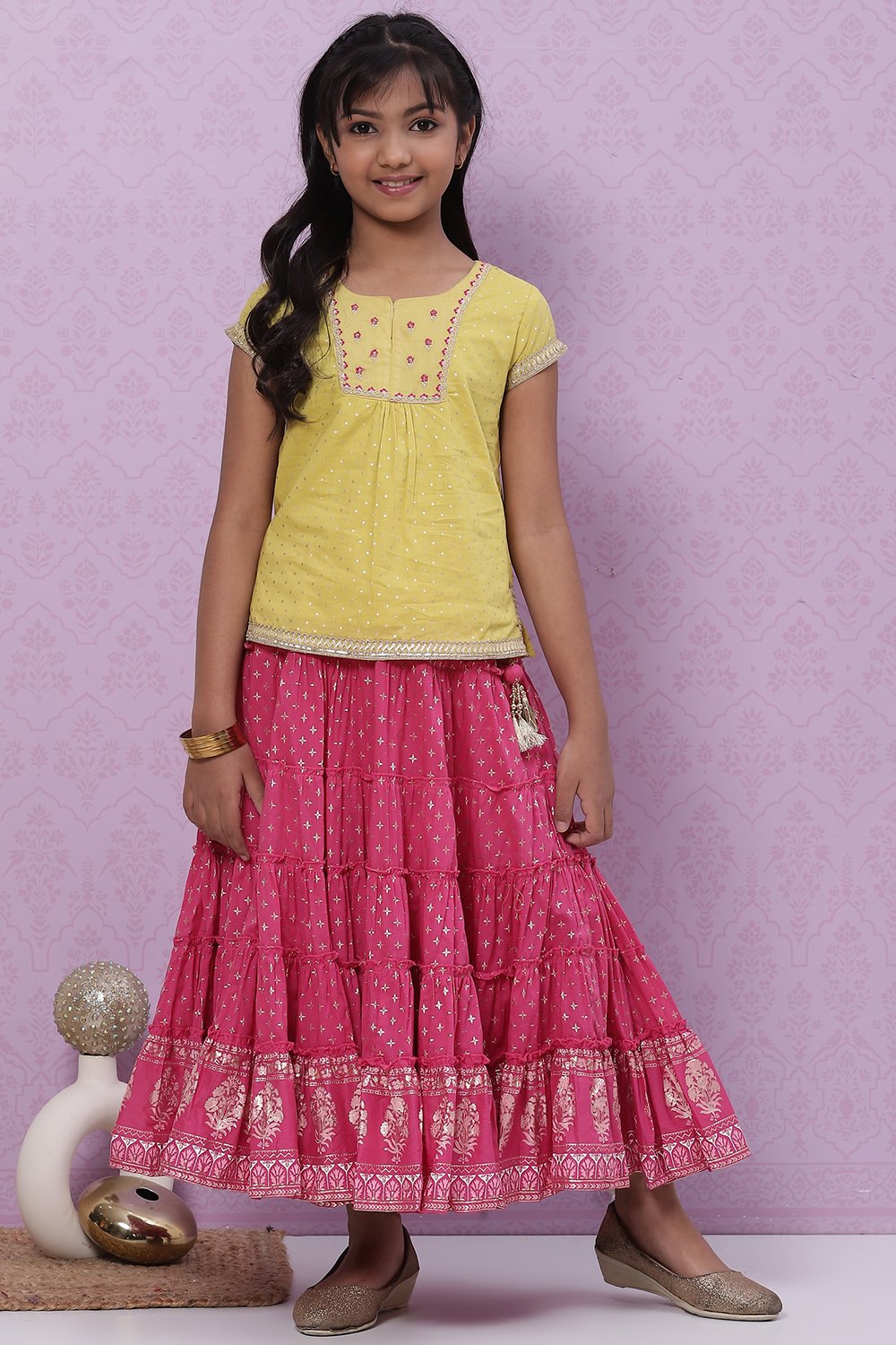 Lime Green And Pink Cotton Straight Kurta Skirt Suit Set image number 0