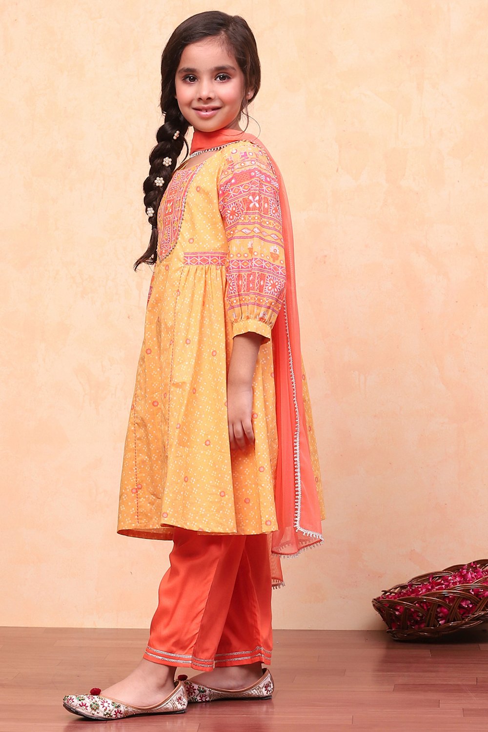 Yellow Cotton Bandhani Printed Gathered Festive Suit Set image number 3