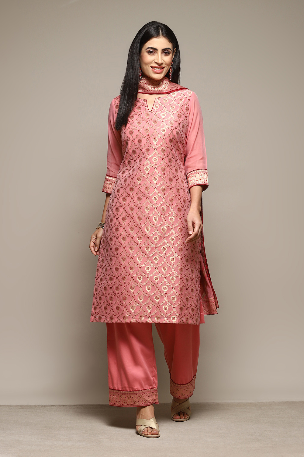 Blush Pink Cotton Blend Straight Yarndyed Kurta Palazzo Suit Set image number 7