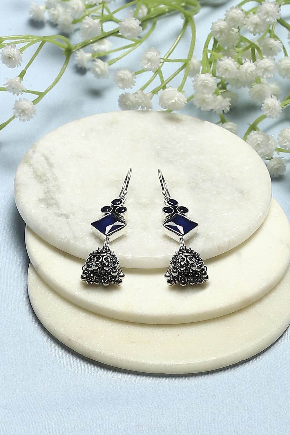 Navy Blue Oxidised Stone Studded Geometric Jhumkas image number 0