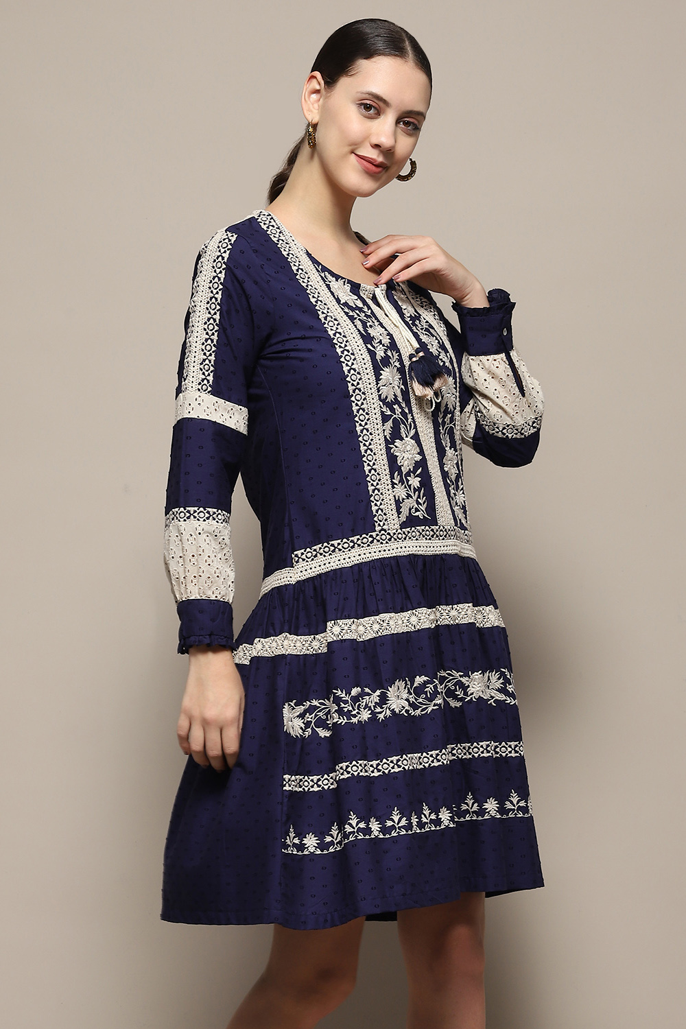 Indigo Pure Cotton Embroidered Flared Dress image number 4